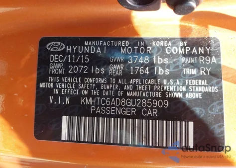 2016 Hyundai Veloster from USA, damaged, VIN KMHTC6AD8GU285909
